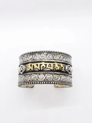 Filigree Handmade Wide Cuff Metal Bracelet with Buddhist Healing Mantra